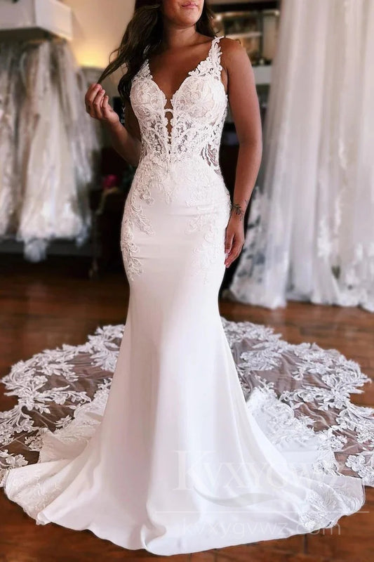 Elegant Satin V-Neck Lace Wedding Dress with Dramatic Train HS435