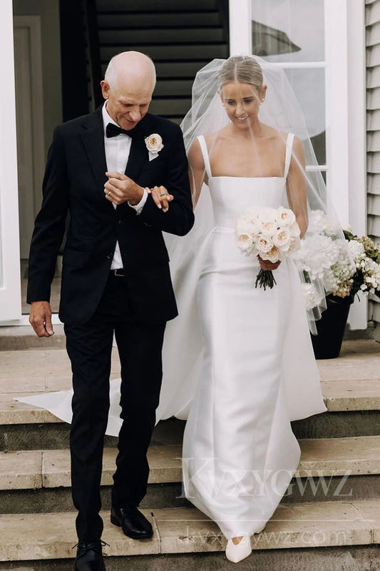 Chic Satin Strap Wedding Dress with Mermaid Silhouette and Dramatic Train Bridal Gown HS437