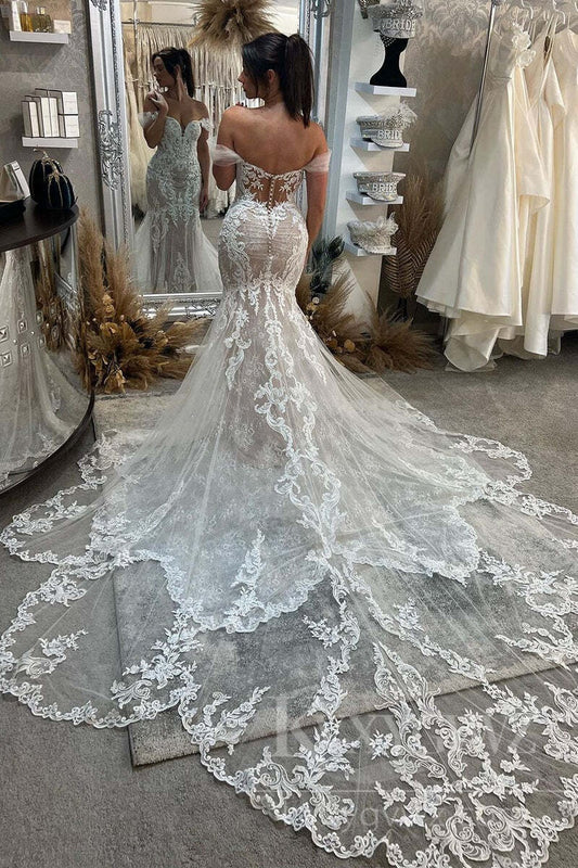 Elegant Off-Shoulder Lace Mermaid Wedding Dress with Dramatic Train Bridal Gown HS438