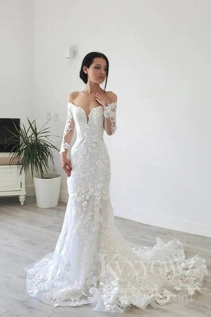 Romantic Off-Shoulder Lace Mermaid Wedding Dress with V-Neck and Train Long Sleeves Bridal Gown HS439