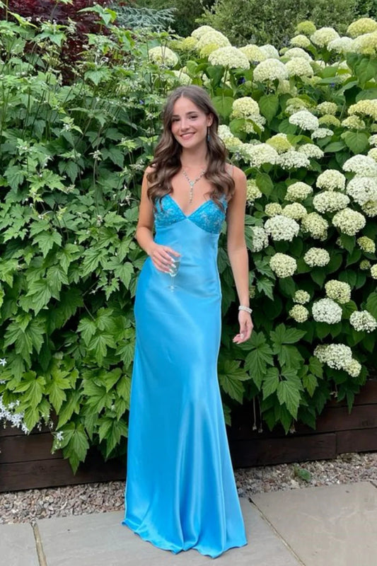 Sheath V Neck Blue Silk Satin Prom Dress Gown with Beading LF1190
