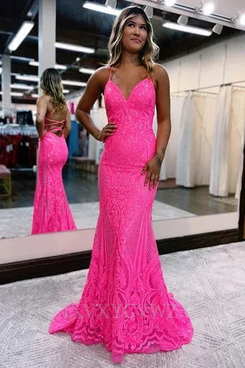 Sparkly Mermaid Backless Hot Pink Sequins Long Prom Dress LF044