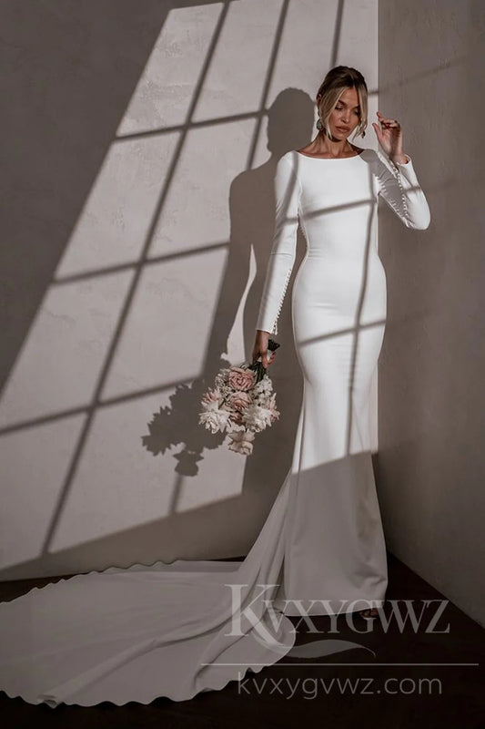 Elegant Satin Long Sleeve Mermaid Wedding Dress with Dramatic Train Bridal Gown HS440