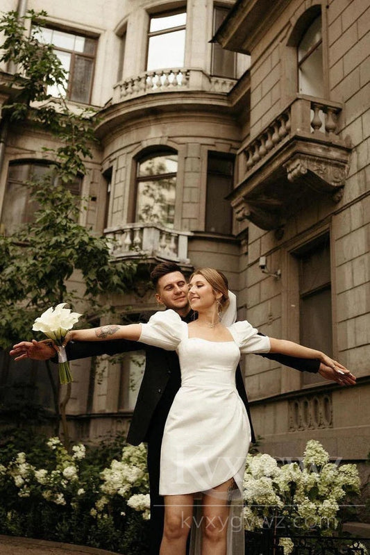 Chic Satin Puff Sleeves Short Wedding Dress Elegant Bridal Gown HS441