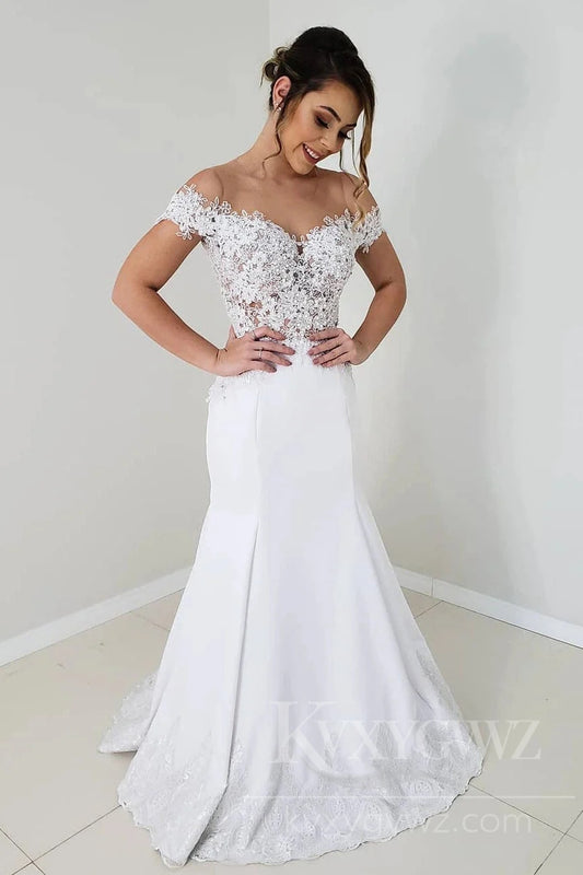 Off-Shoulder Lace and Satin Wedding Dress with Mermaid Silhouette Bridal Gown HS443