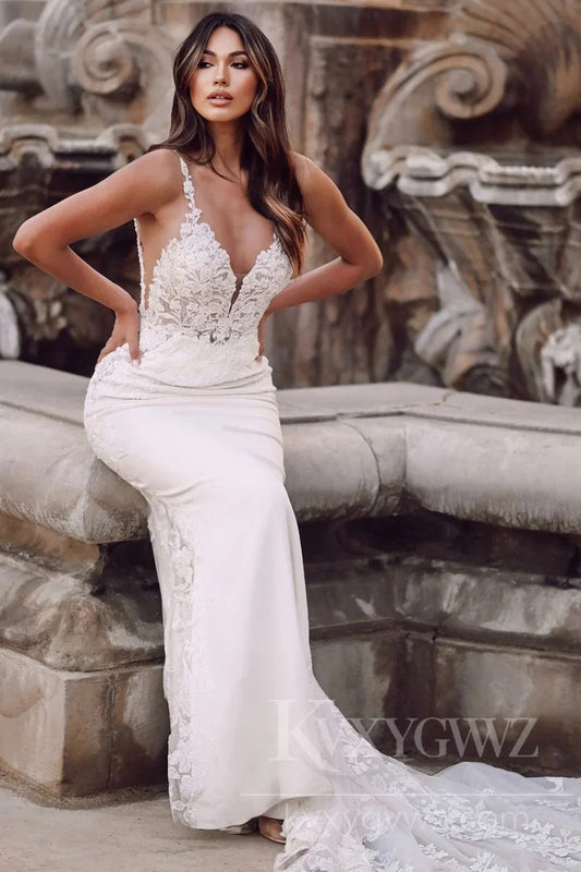 Elegant Lace and Satin V-Neck Wedding Dress with Train Bridal Gown HS445