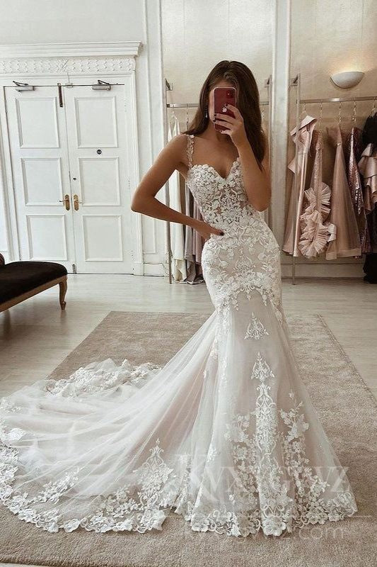 Romantic Lace Sweetheart Wedding Dress with Train Spaghetti Strap Bridal Gown HS446