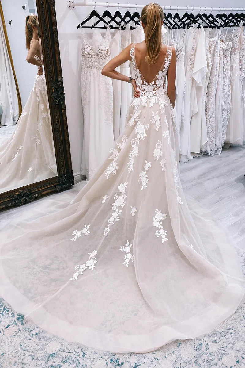 A Line V Neck Tulle Wedding Dresses Gown with Appliques HS921
