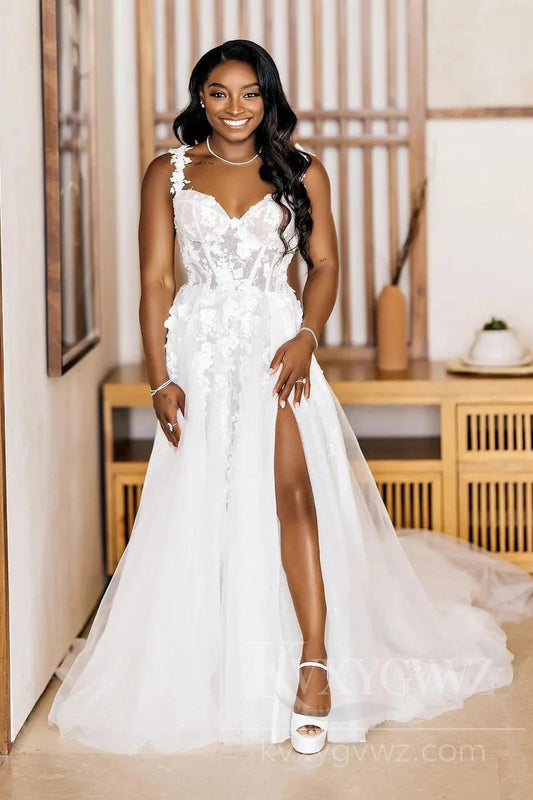 Floral Lace A-Line Wedding Dress with Split Sweetheart Sweep Train Bridal Gown HS448