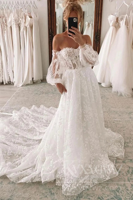 Romantic Lace Sweetheart Wedding Gown with Dramatic Sleeves Sweep Train Bridal Gown HS449