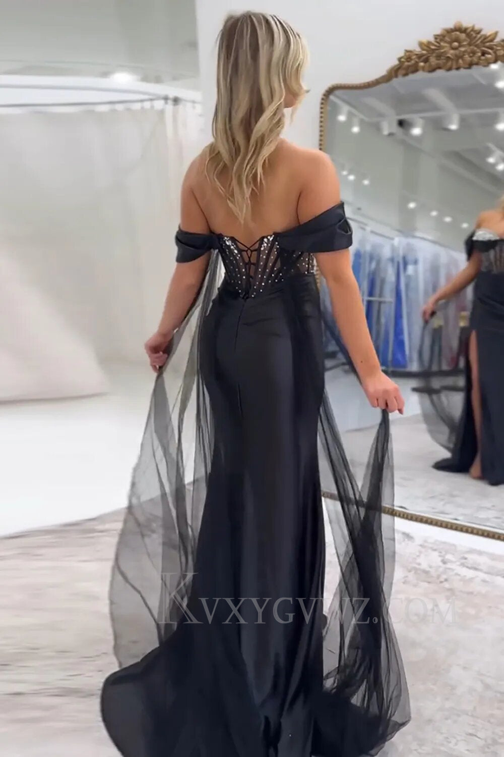 Sparkly Black Satin Mermaid Beaded Long Prom Dress with Slit LF045