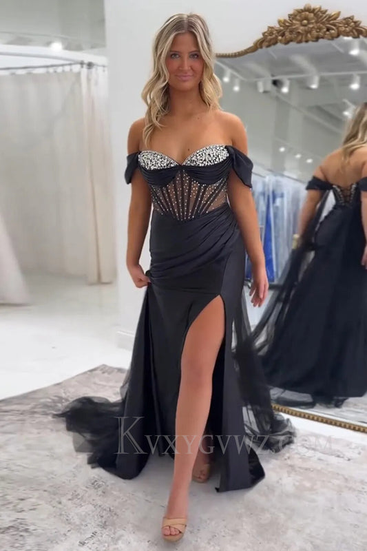 Sparkly Black Satin Mermaid Beaded Long Prom Dress with Slit LF045