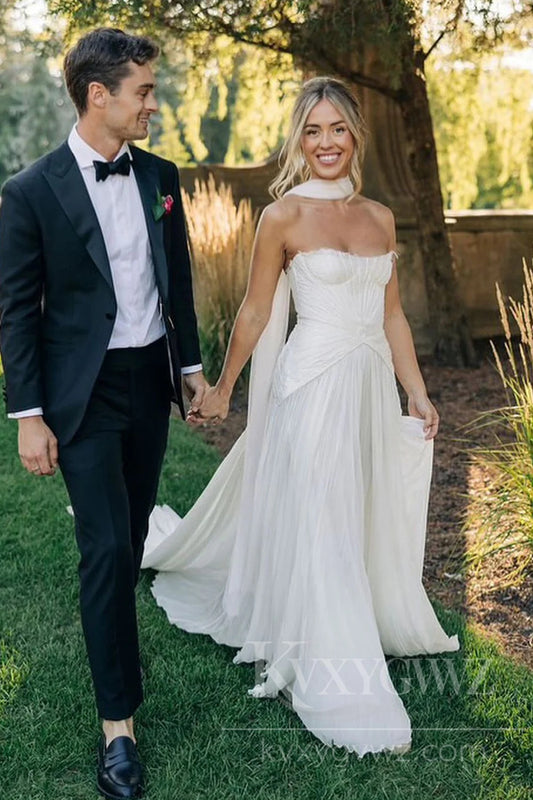Ethereal Strapless A-Line Wedding Dress with Flowing Chiffon Bridal Gown HS450