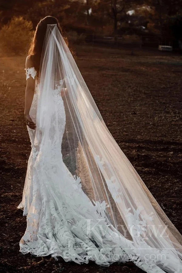 Floral Lace Off-the-Shoulder Mermaid Wedding Dress Sweep Train Bridal Gown HS451