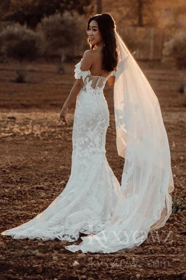 Floral Lace Off-the-Shoulder Mermaid Wedding Dress Sweep Train Bridal Gown HS451