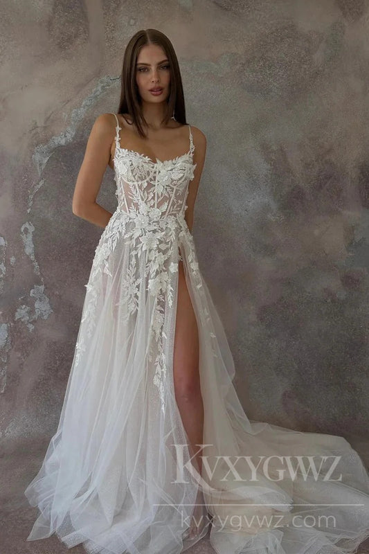 Floral Lace Applique Tulle Wedding Dress with Slit Sweep Train Bridal Gown HS452