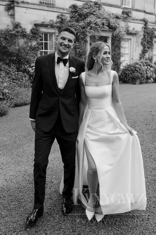 Elegant Satin A-Line Wedding Dress with Train Sweep Train Bridal Gown HS453