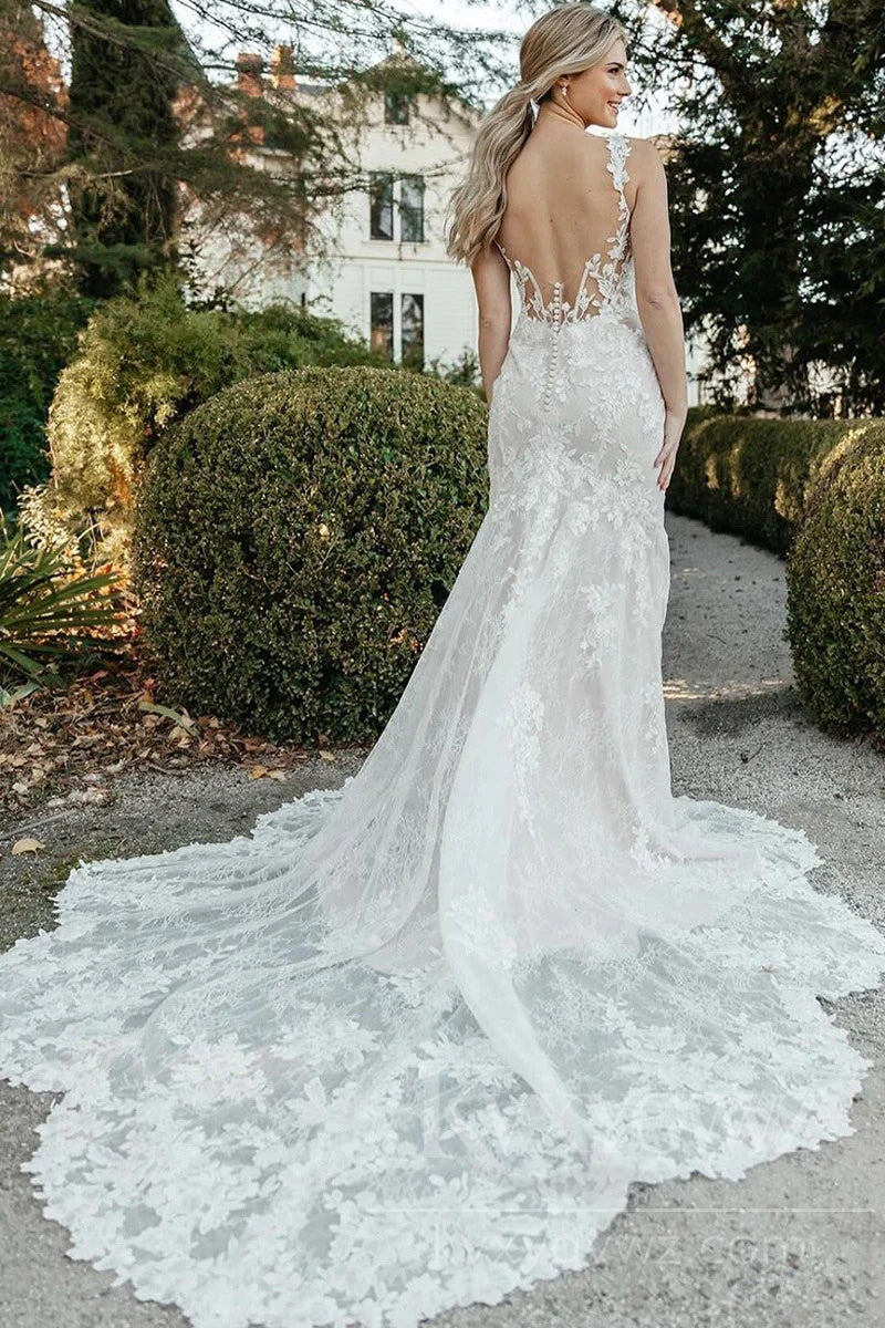 Stunning Lace Wedding Dress with Train High Split Bridal Gown HS454