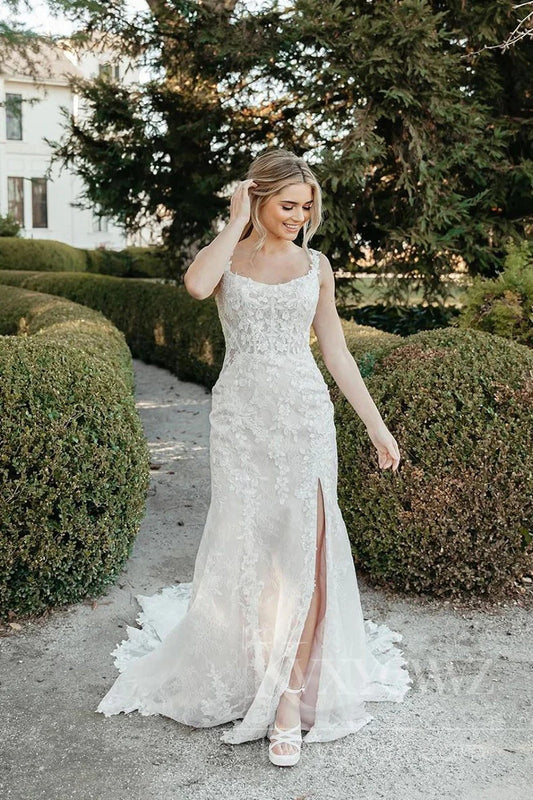Stunning Lace Wedding Dress with Train High Split Bridal Gown HS454