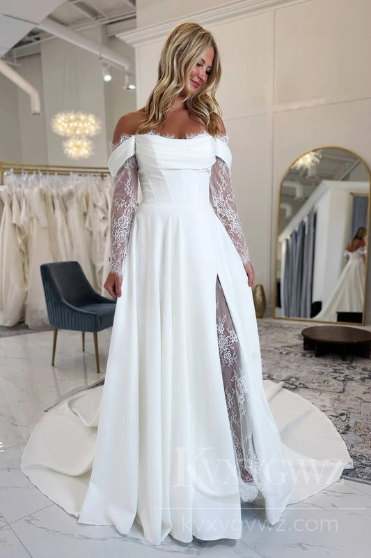 Elegant Satin Wedding Dress with Lace Long Sleeves High Split Bridal Gown HS455