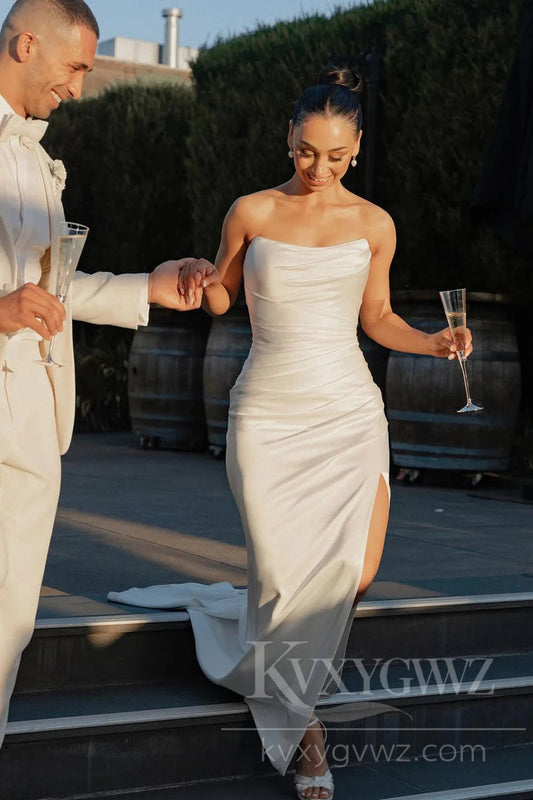 Sleek Satin Strapless Mermaid Wedding Dress with High Slit Bridal Gown HS456