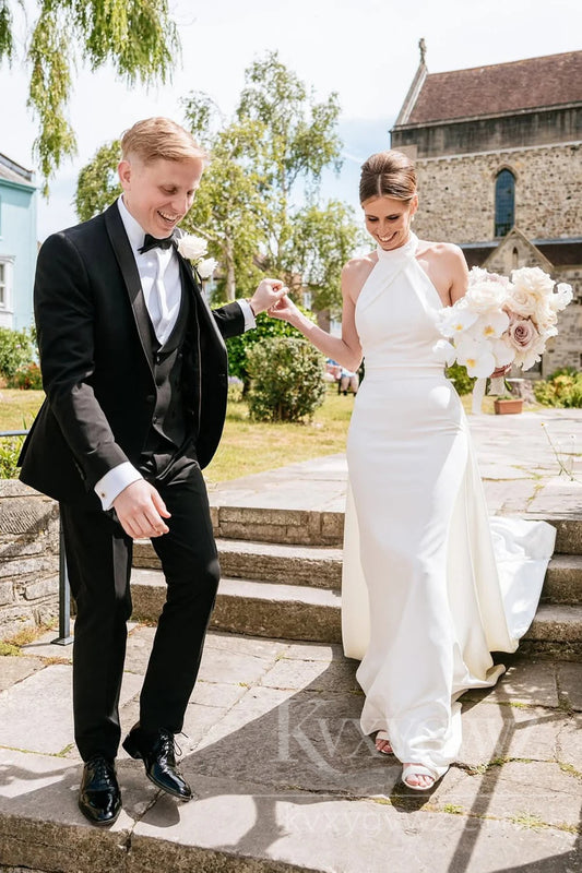 Elegant Halter Neck Satin Wedding Dress with Train Sweep Train Bridal Gown HS457