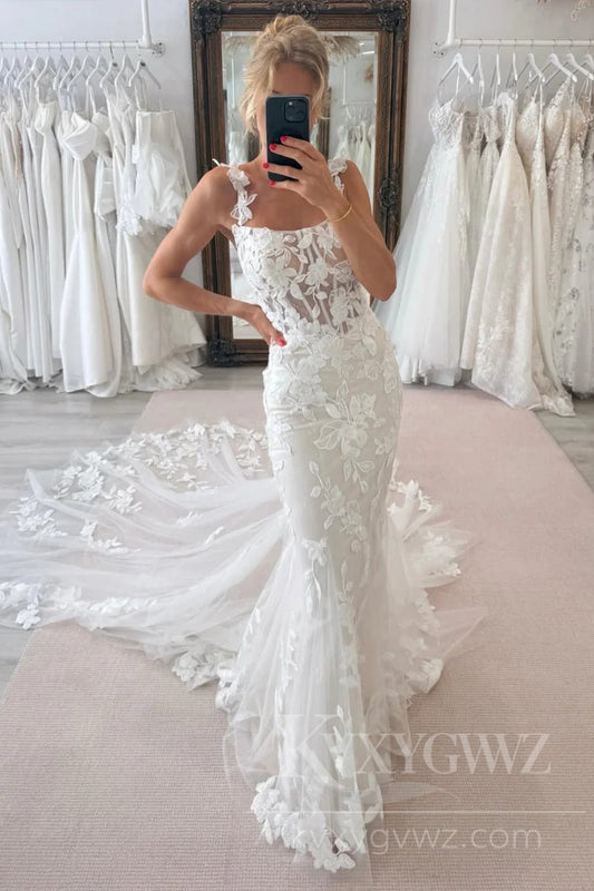Lace Spaghetti Strap Mermaid Wedding Dress with Train Elegant Sweep Train Bridal Gown HS458