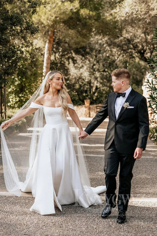 Elegant Off-Shoulder Satin Wedding Dress with Veil Sweep Train Bridal Dress HS459