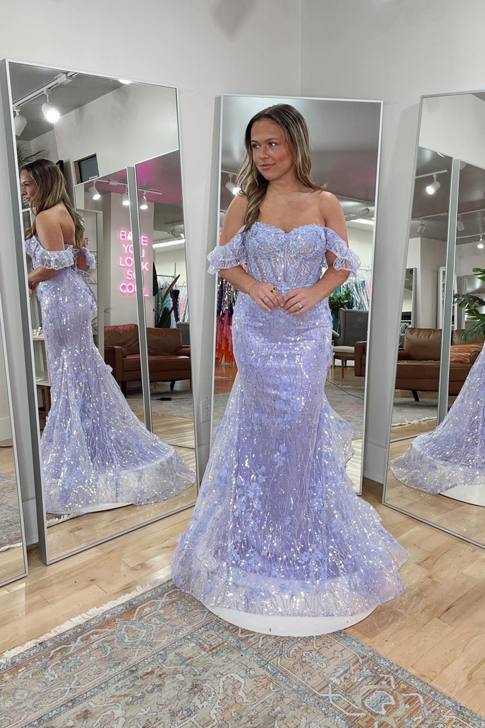 Mermaid Off the Shoulder Lavender Sequin Lace Prom Dress Gown LF1237