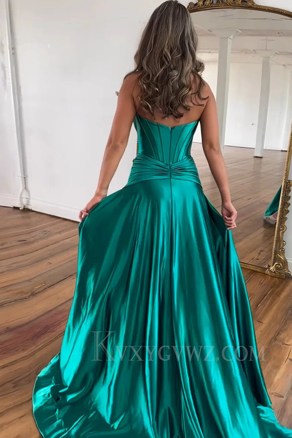 Dark Green Corset A-Line Satin Long Prom Dress with Slit LF046