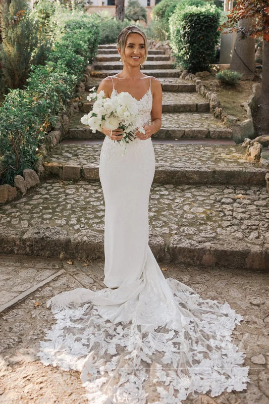 Elegant Lace Satin Mermaid Wedding Dress Spaghetti Strap Bridal Gown HS461