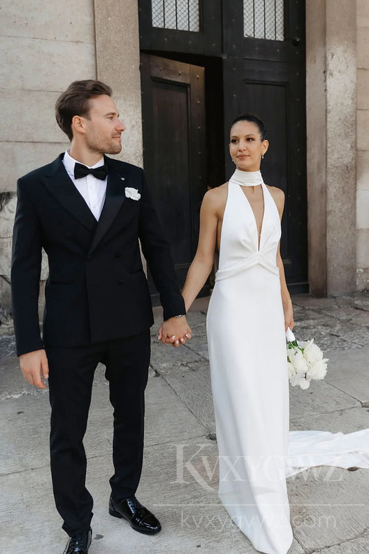 Chic Halter Neck Satin Wedding Dress with Sleek Lines Bridal Gown HS462