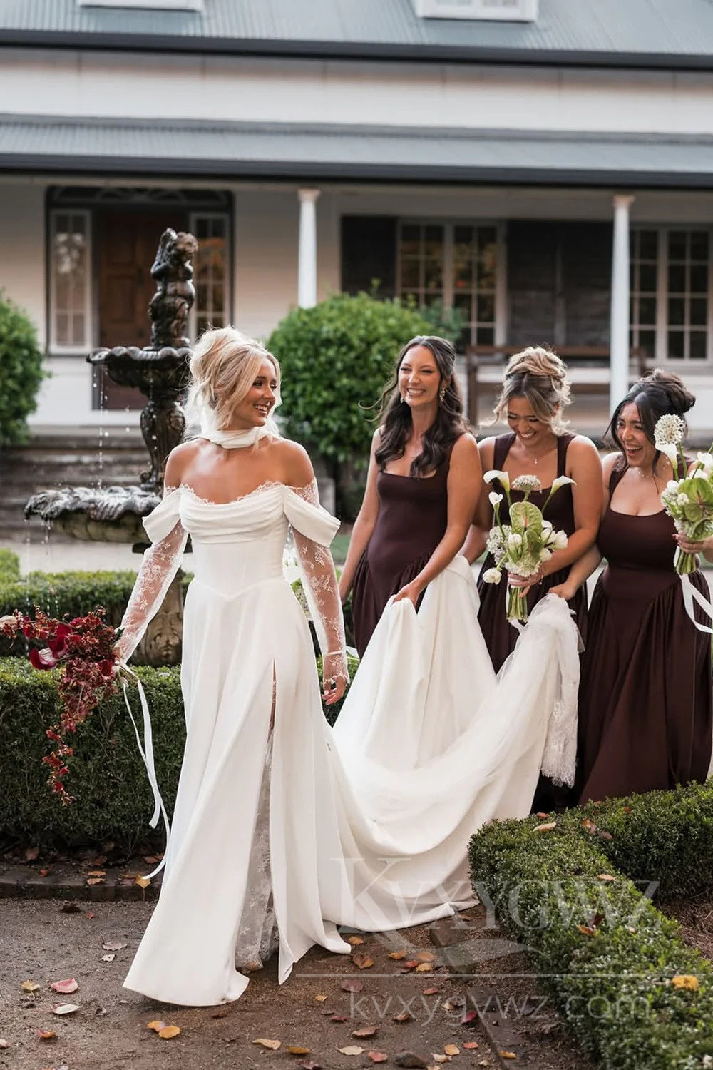 Romantic Off-Shoulder Long Sleeve Lace Wedding Dress Satin Bridal Gown HS463