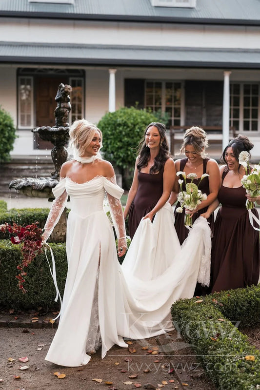 Romantic Off-Shoulder Long Sleeve Lace Wedding Dress Satin Bridal Gown HS463