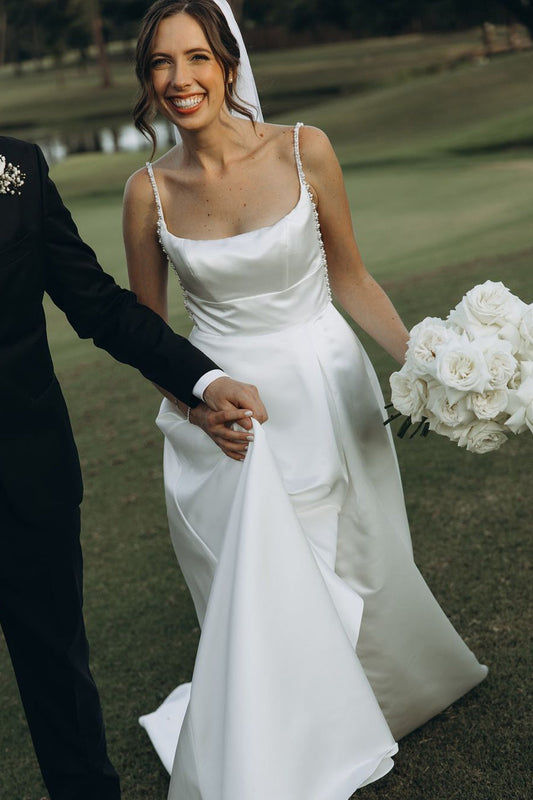 Modern A Line Square Neck Satin Satin Long Wedding Dresses Gown with Beading HS980