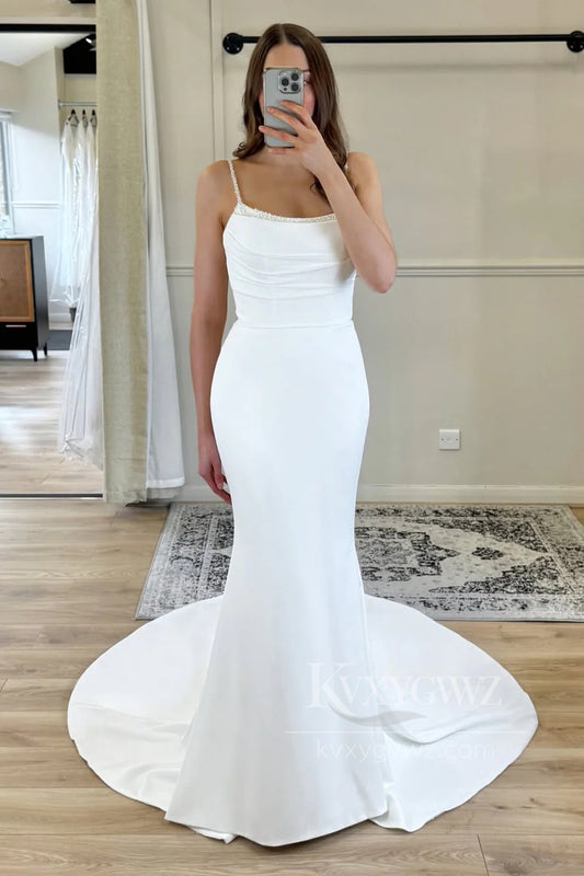 Elegant Satin Mermaid Wedding Dress Spaghetti Strap Bridal Gown With Beading HS465
