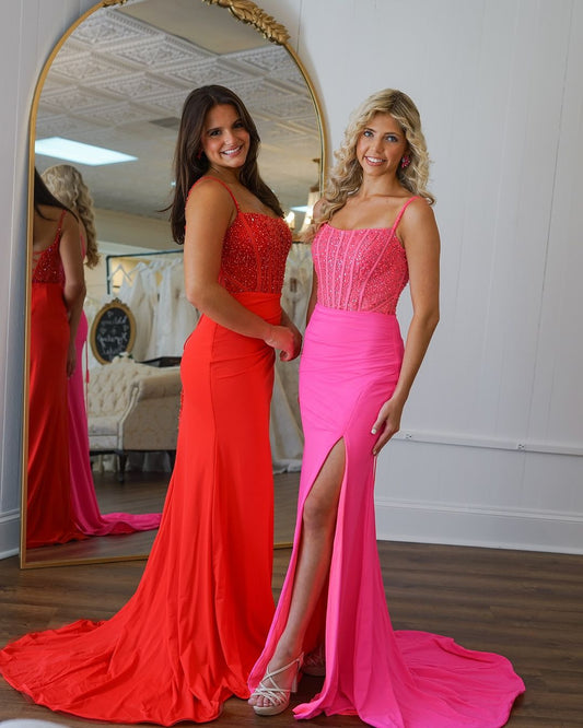Elegant Red Mermaid Scoop Neck Satin Long Prom Dress Gown with Beading