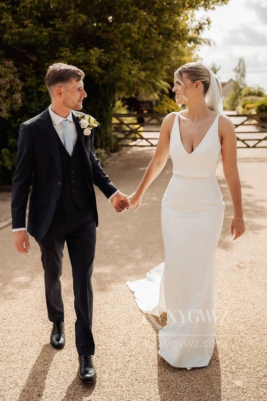 Modern Satin Mermaid Wedding Dress with V-Neckline Sweep Train Bridal Gowns HS466