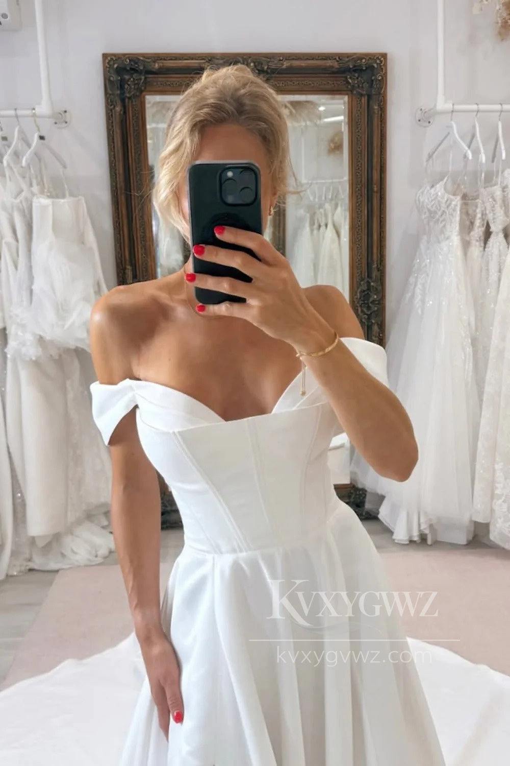 Off-the-Shoulder Satin Bridal Gown A-Line Wedding Dress with Slit HS469