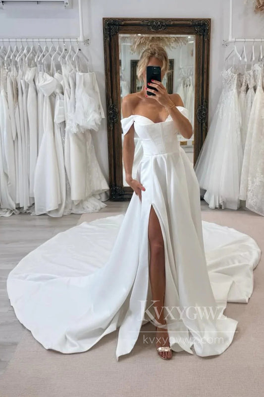 Off-the-Shoulder Satin Bridal Gown A-Line Wedding Dress with Slit HS469