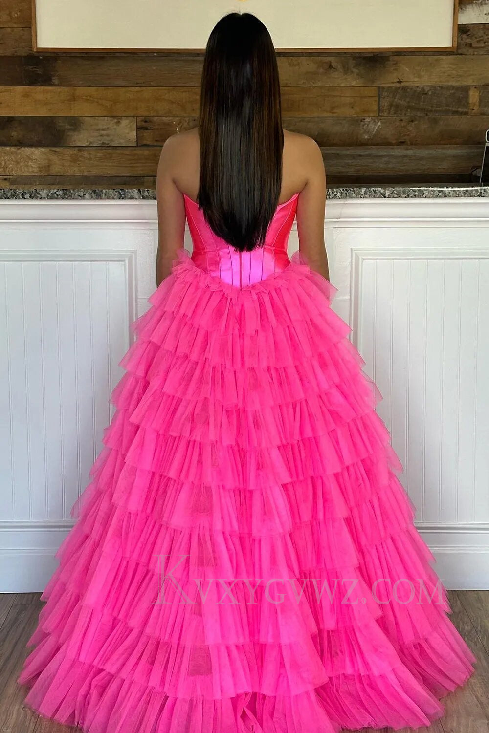 Black Corset Sweetheart A-Line Tiered Long Tulle Prom Dress with Slit LF047