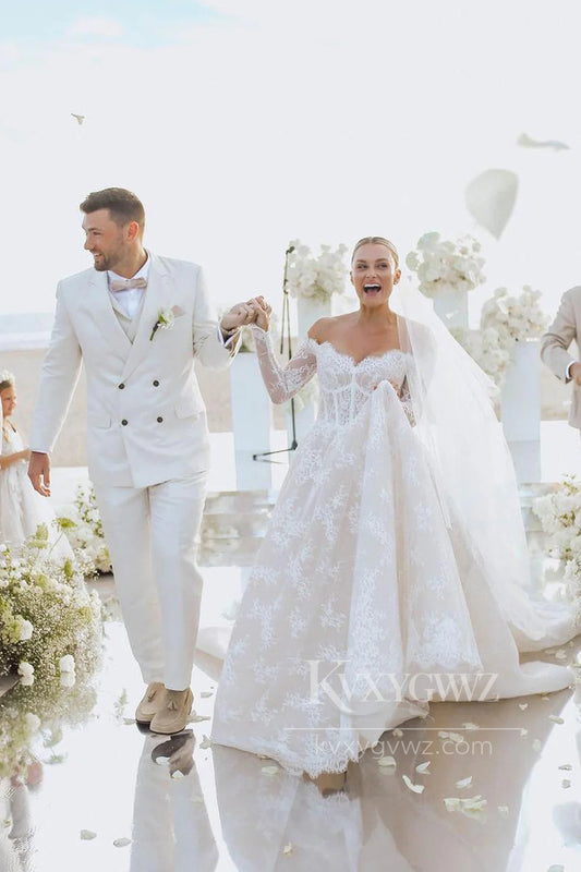 Lace Off-the-Shoulder Wedding Gown with Long Sleeves Sweep Train Bridal Gown HS470