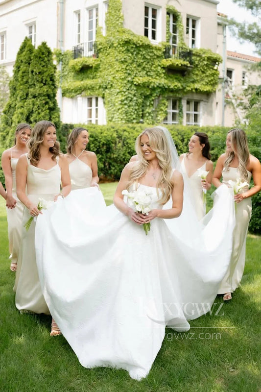 Elegant Satin A-Line Wedding Dress with Spaghetti Strap and Long Train Bridal Gown HS471