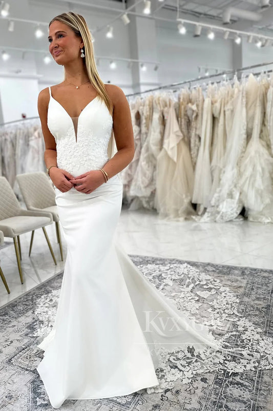 Elegant V-Neck Satin Lace Wedding Dress with Spaghetti Straps Bridal Gown HS473