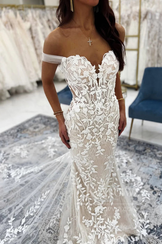 Off-Shoulder Lace Mermaid Wedding Dress with Floral Details Bridal Gown HS475