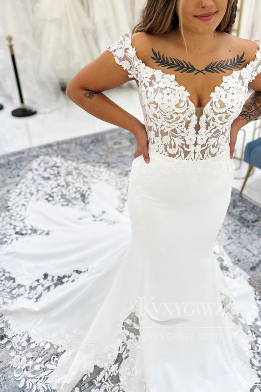 Off-Shoulder Satin Lace Mermaid Wedding Dress with Dramatic Train Bridal Gown HS476