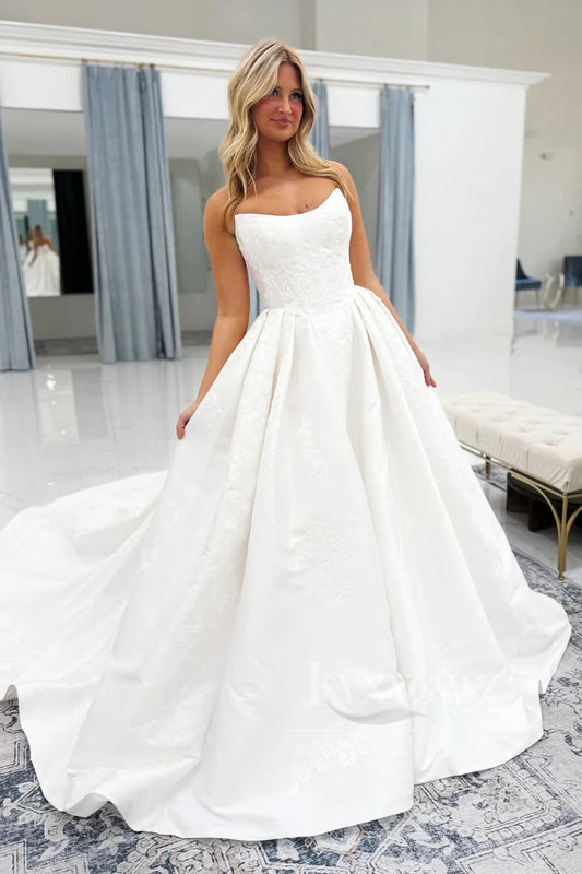Strapless Satin Floral Wedding Gown with Dramatic Train Bridal Gown HS477