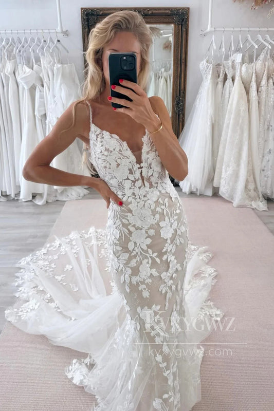 Sexy V-Neck Lace Mermaid Wedding Dress with Spaghetti Straps Bridal Gown HS478