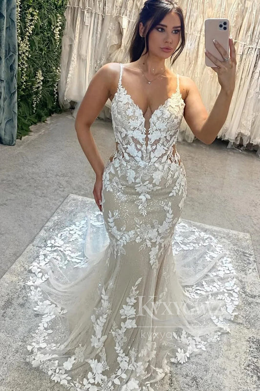 Elegant V-Neck Lace Mermaid Wedding Dress with Spaghetti Straps Bridal Gown HS479