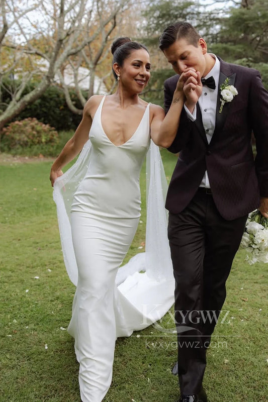 Elegant Deep V-Neck Satin Bridal Gown Mermaid Sweep Train Wedding Dress HS480